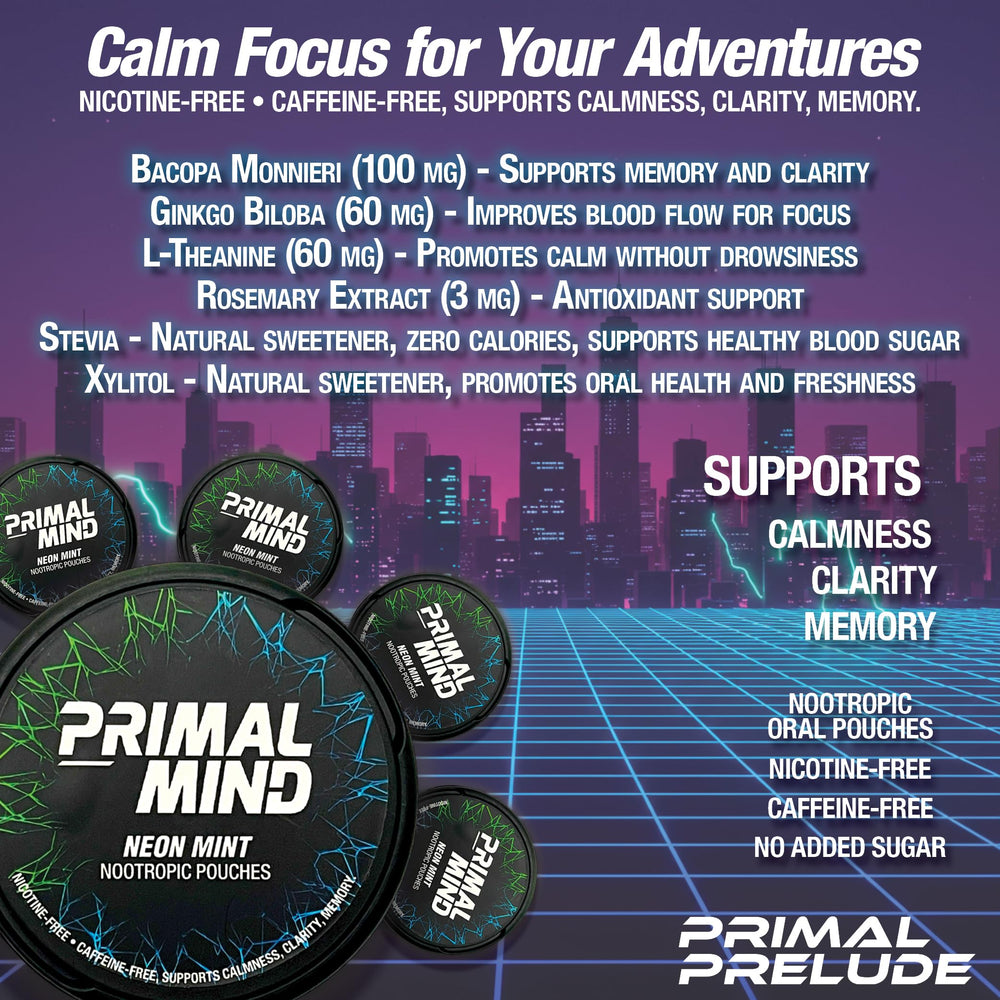 Primal Prelude Neon Mint logo closeup emphasizing clean, nicotine-free energy.