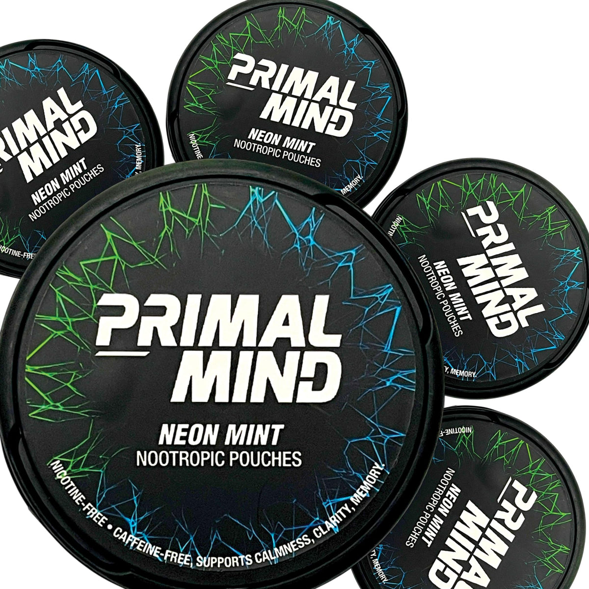 Primal Prelude Neon Mint pouch closeup for discreet, caffeine-free focus.