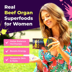Primal Queen bottle with heart capsules highlighting the organ blend for balanced nutrition.
