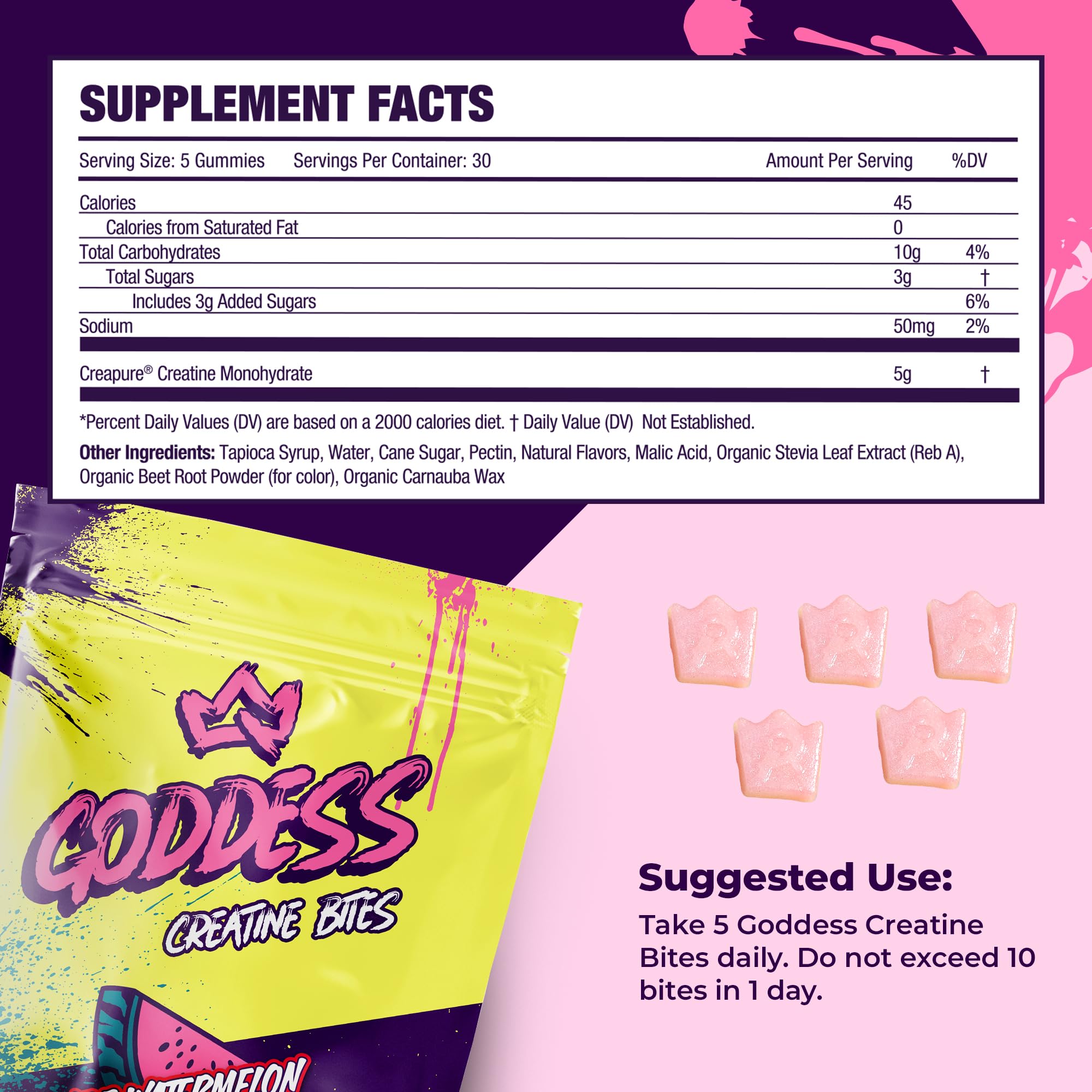 Goddess Creatine Gummies label close-up shows purity.