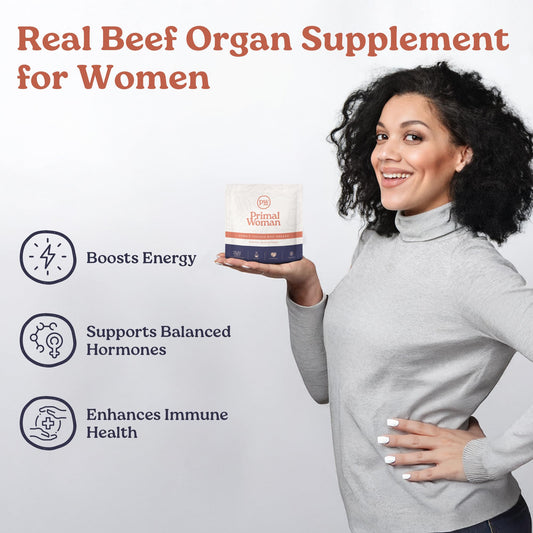 Primal Woman beef organ capsules close-up, easy to swallow.