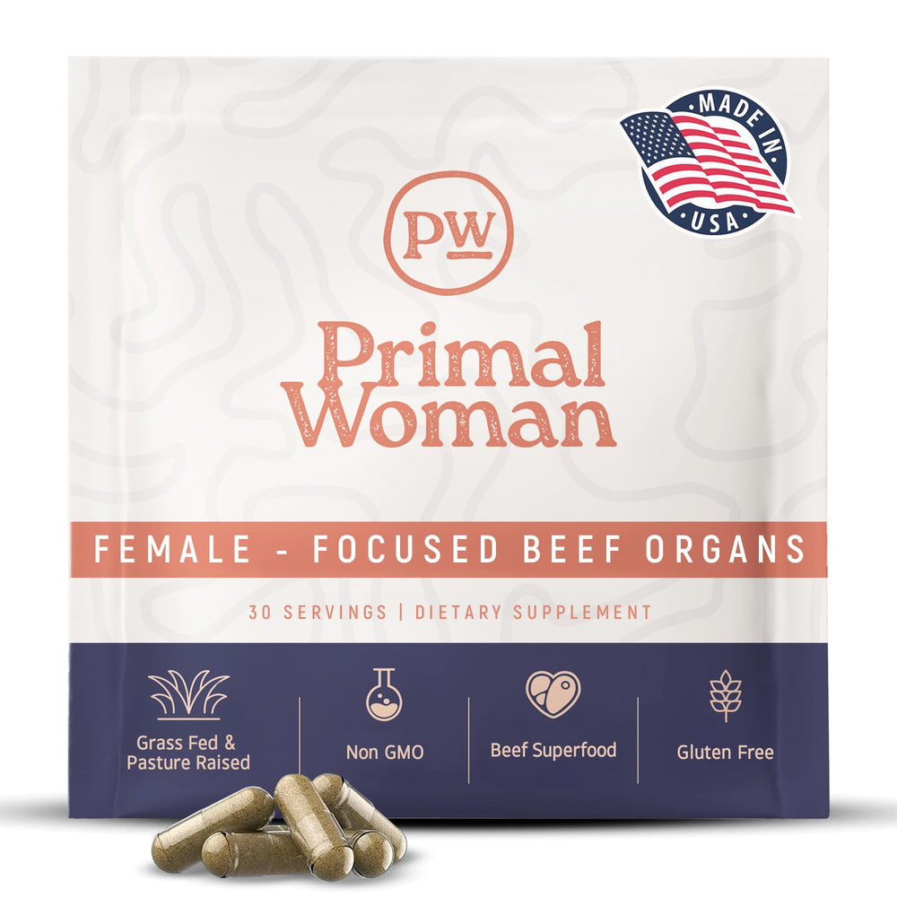 Primal Woman beef organ supplement bottle for daily wellness.