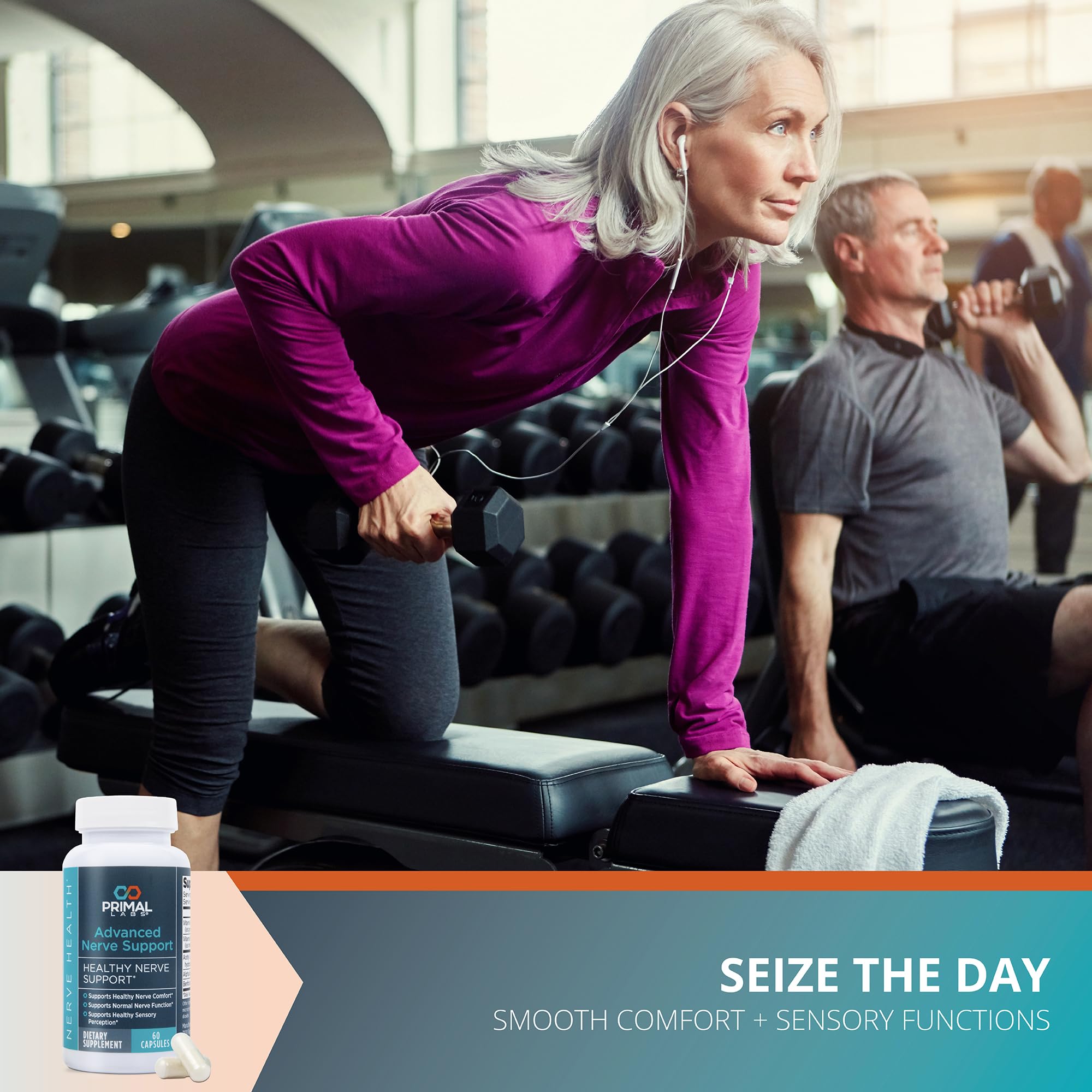 Primal Labs advanced nerve support pills arranged shows quantities for consistent supplementation.