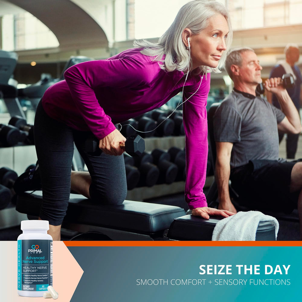 Primal Labs advanced nerve support pills arranged shows quantities for consistent supplementation.