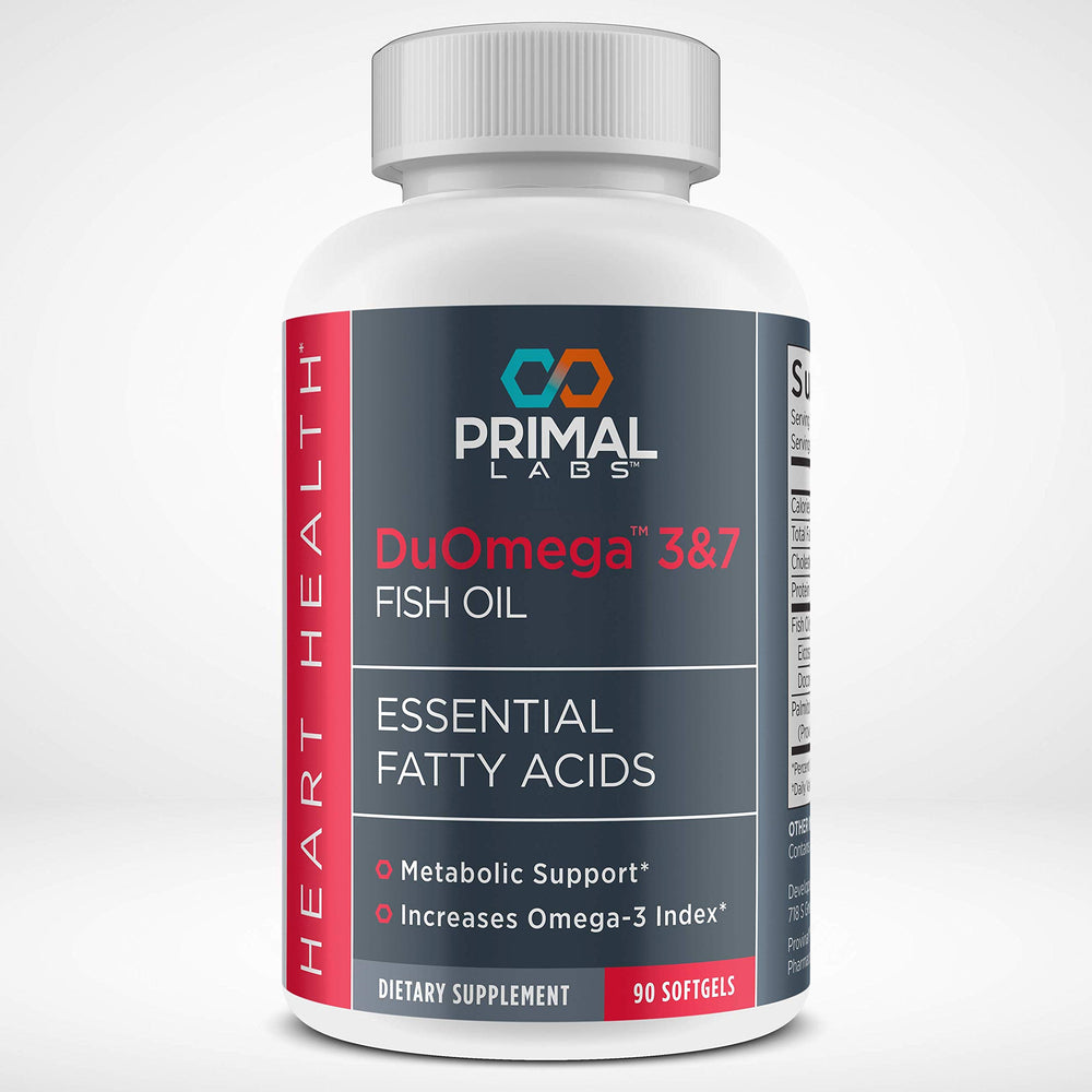 Primal Labs DuOmega 3&7 bottle front showing omega-3 and omega-7 blend for daily support.