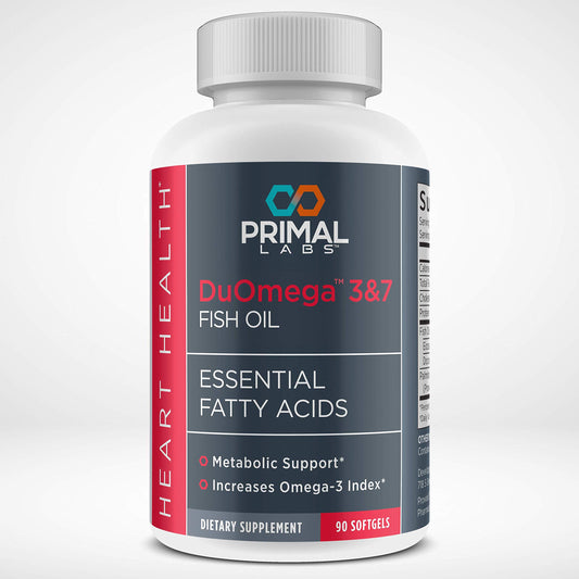 Primal Labs DuOmega 3&7 bottle front showing omega-3 and omega-7 blend for daily support.