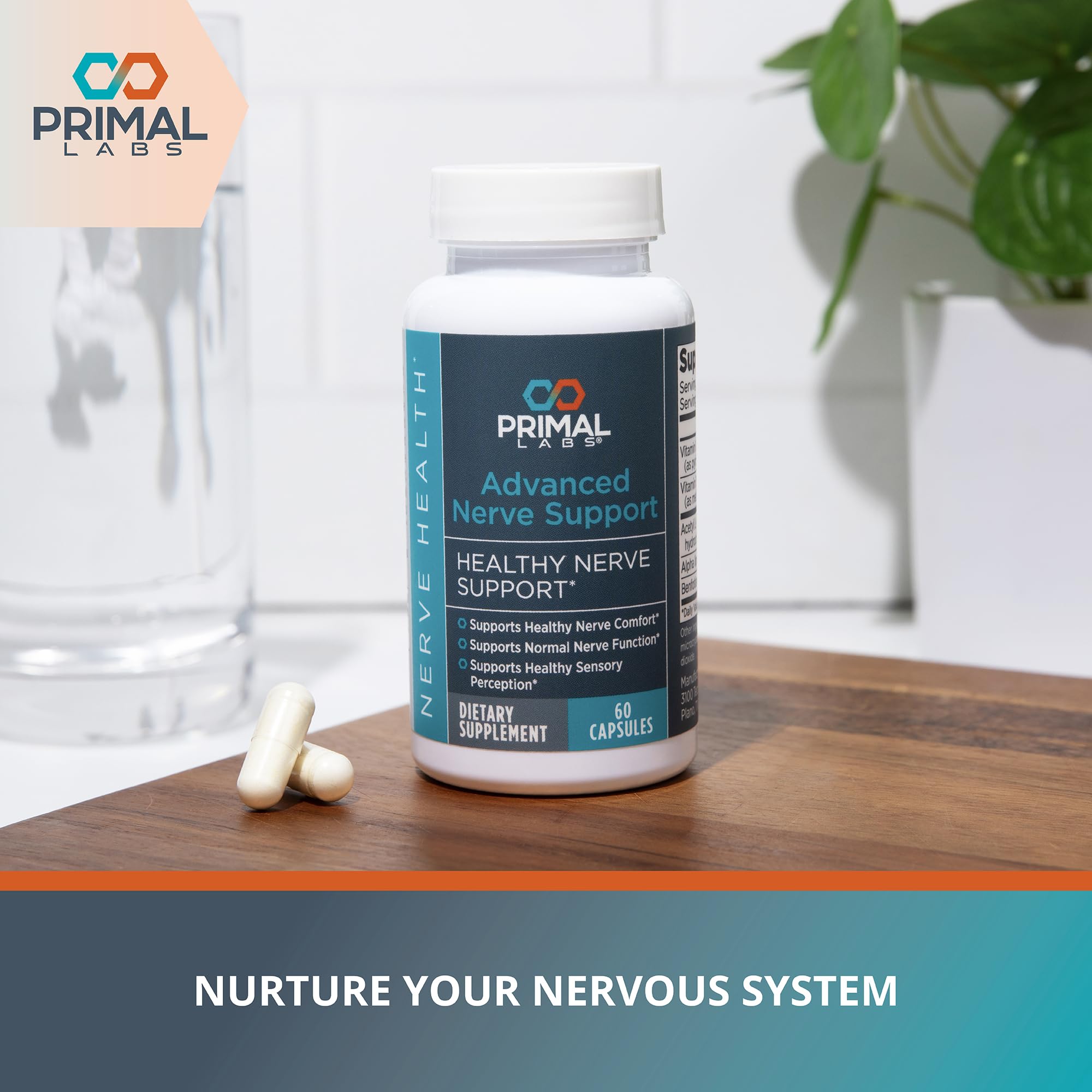 Primal Labs Advanced Nerve Support label detail highlights key ingredients for well-being.