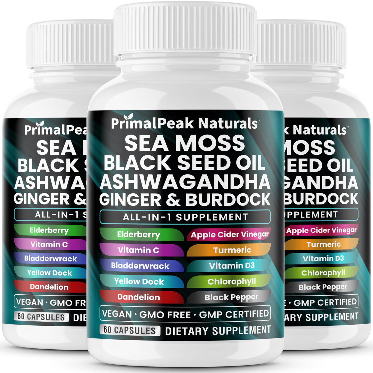 PrimalPeak Naturals sea moss bottle on counter suggesting daily vitality support