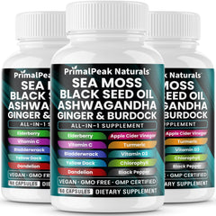 PrimalPeak Naturals sea moss bottle on counter suggesting daily vitality support