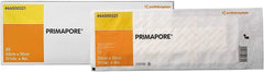 Primapore adhesive dressing: tan polyester rectangle, 4x11.75 in, sterile, for protective wound coverage.