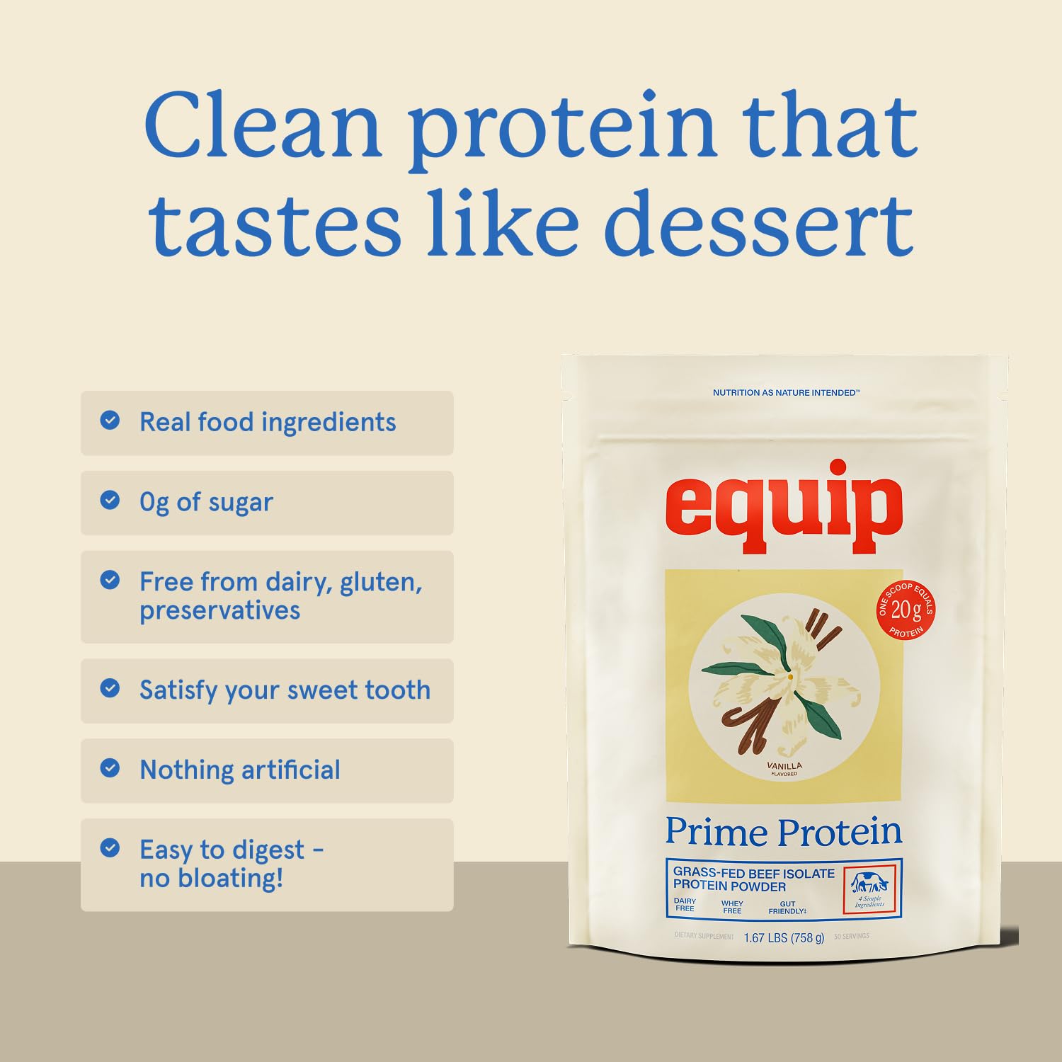 Prime protein ingredients panel highlights grass-fed source and purity.