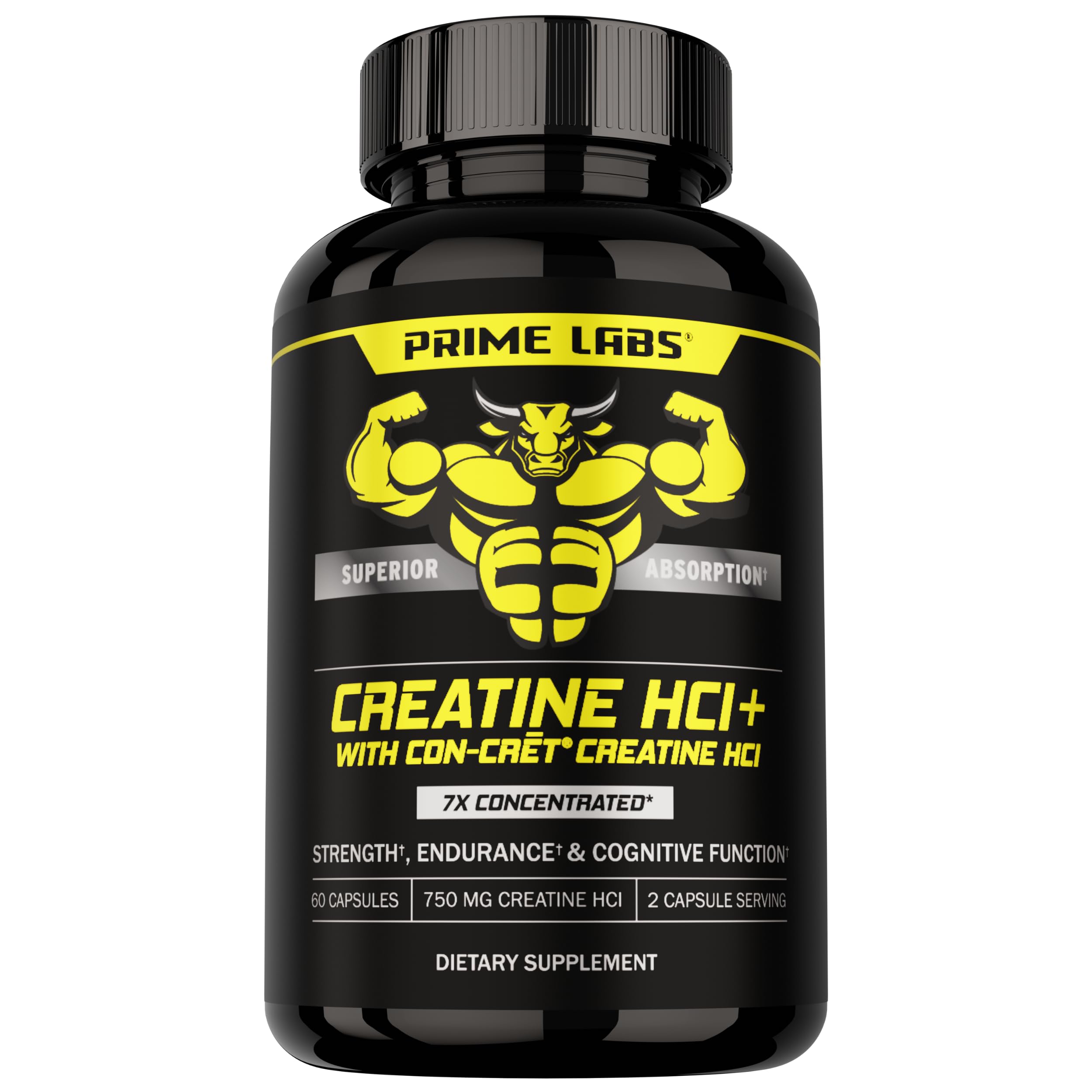 Prime Labs Creatine HCl bottle showcases compact capsules for on-the-go strength support.