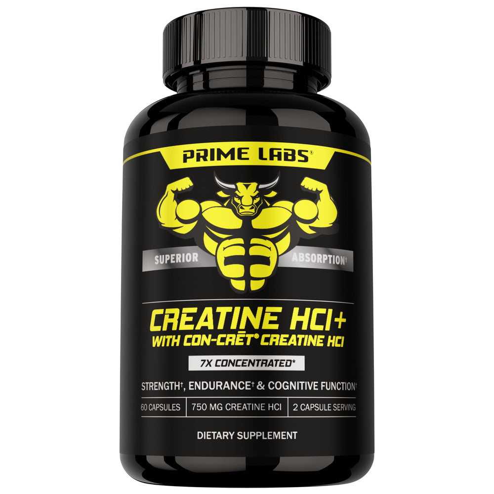 Prime Labs Creatine HCl bottle showcases compact capsules for on-the-go strength support.