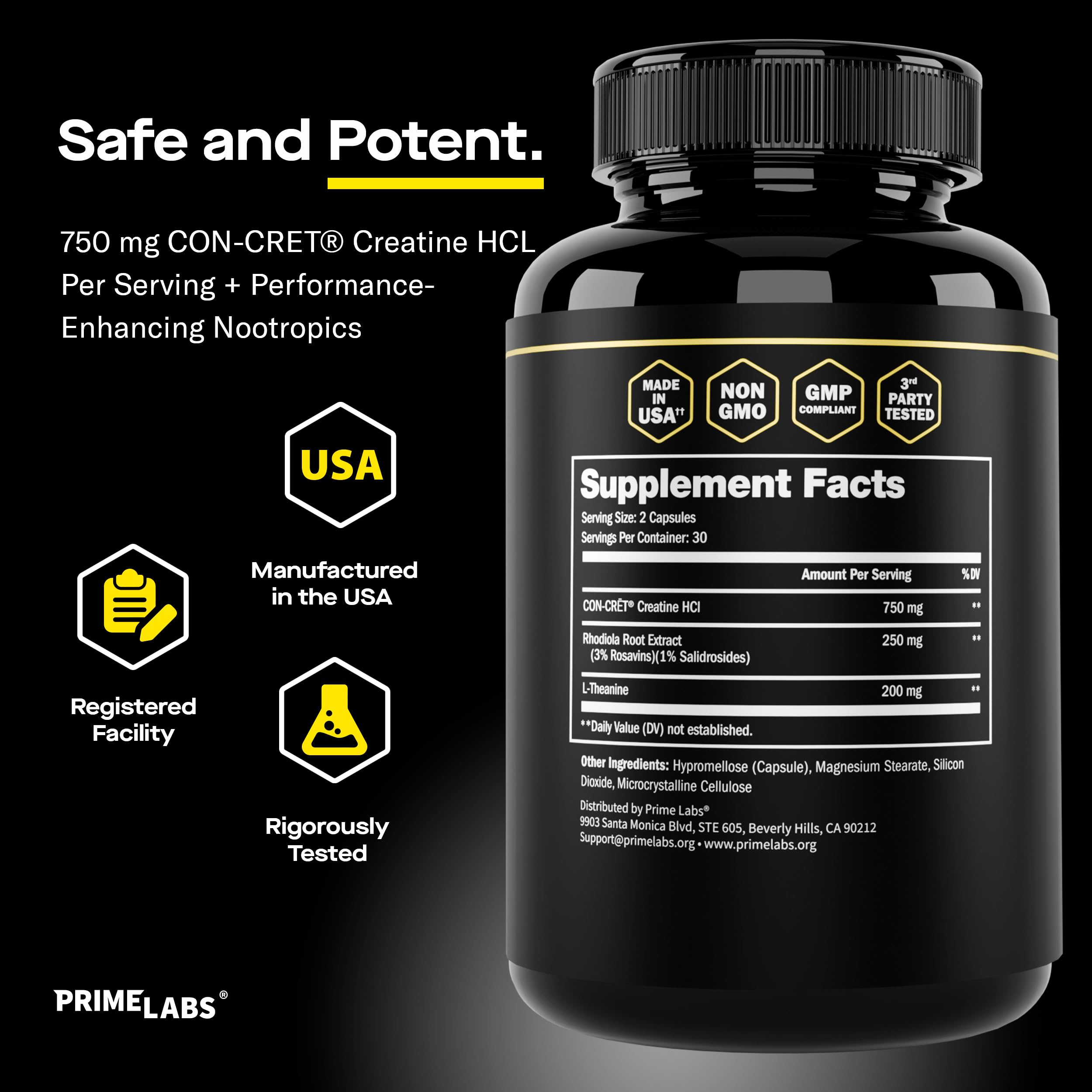 Prime Labs Creatine HCl label detail showing CON-CRĒT and quality marks.
