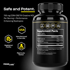 Prime Labs Creatine HCl label detail showing CON-CRĒT and quality marks.