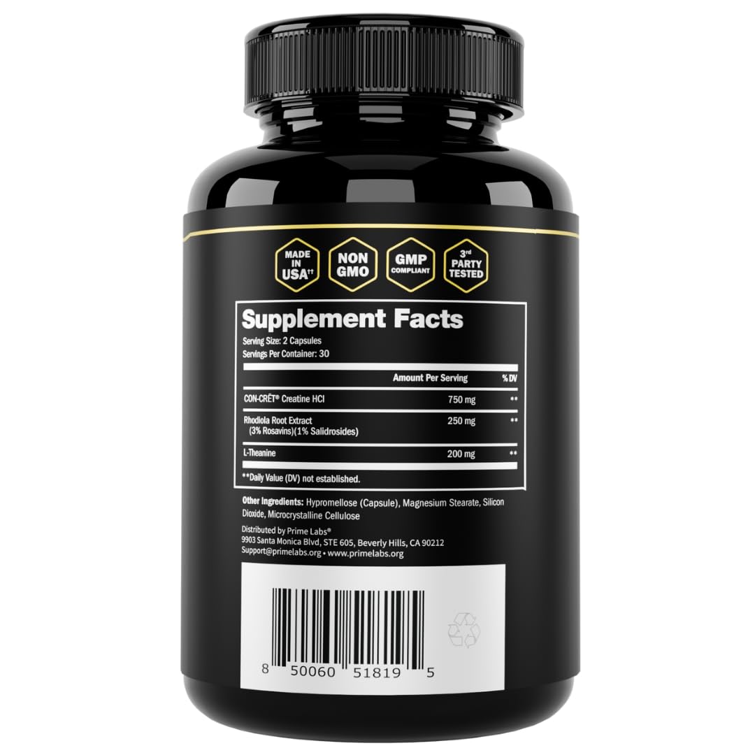 Packaging highlights GMP compliance and third-party testing on Prime Labs creatine.