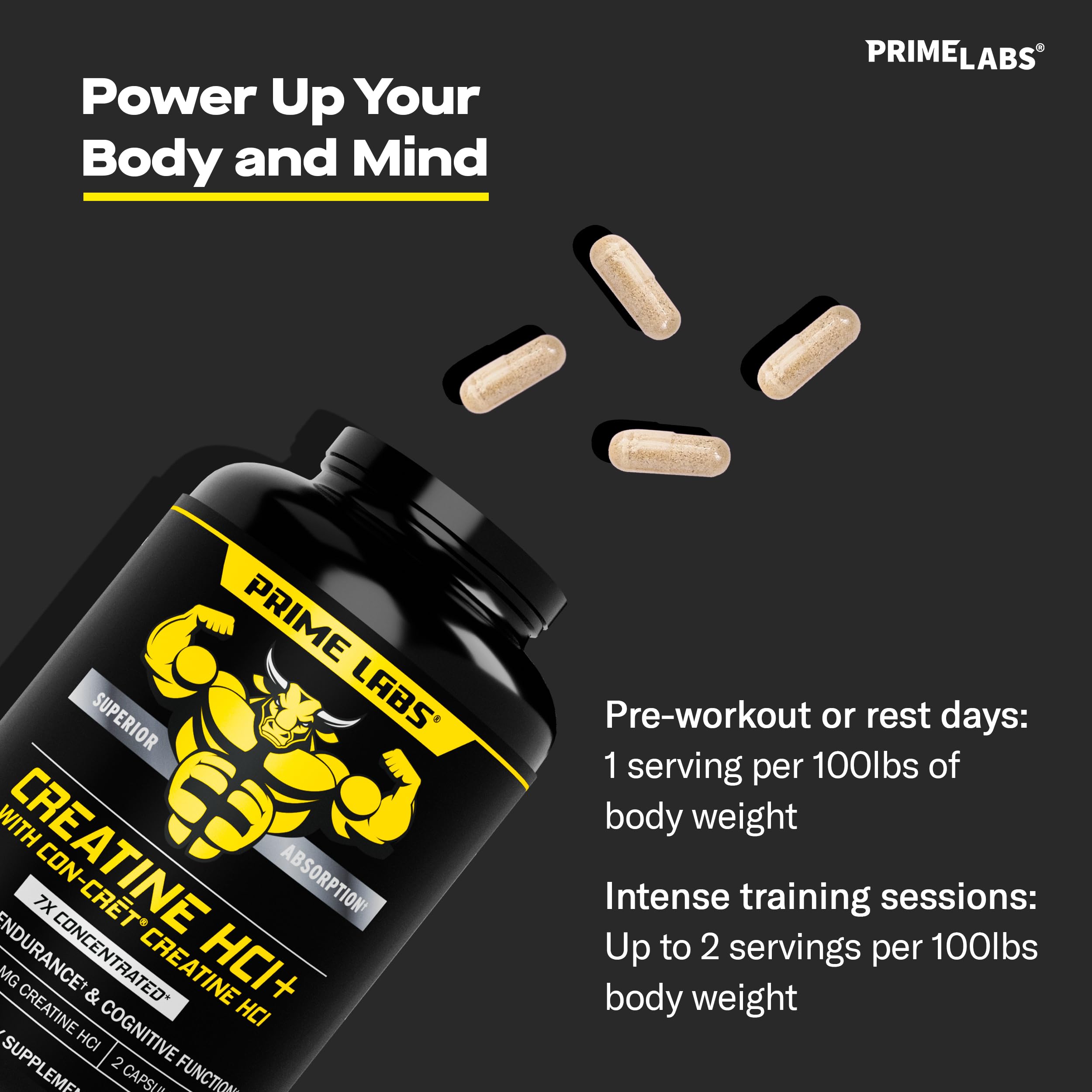 Prime Labs Creatine HCl capsules arranged for easy daily dosing.
