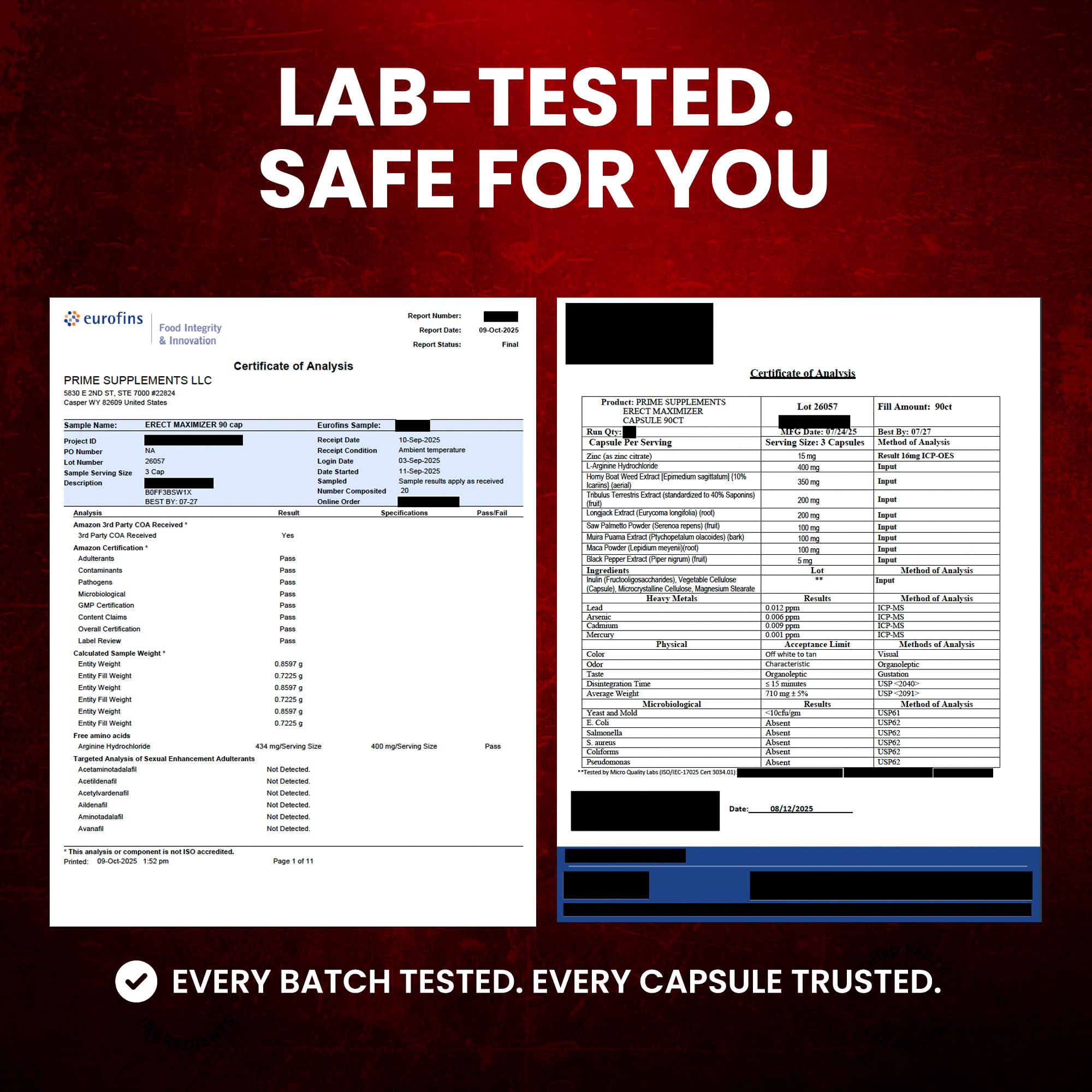 PRIME MAXIMIZERS lab-tested seal ensuring safety and quality.
