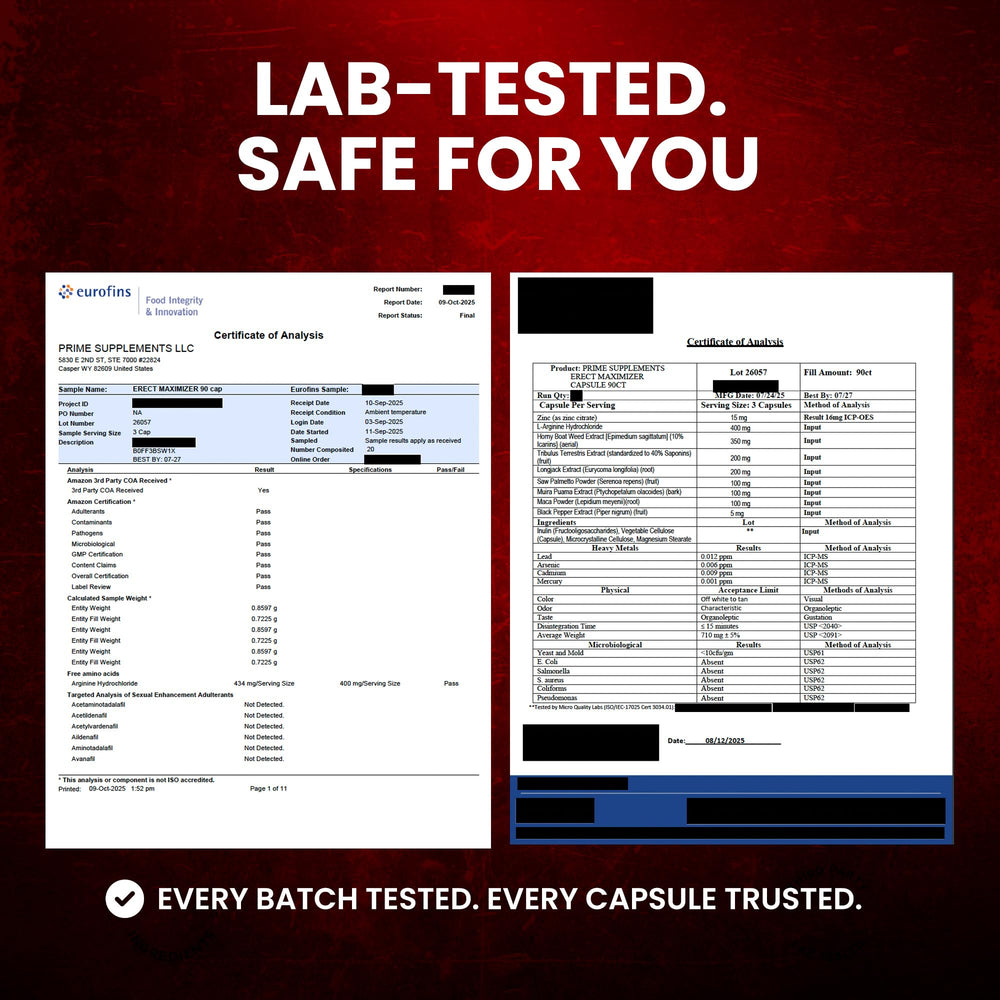 PRIME MAXIMIZERS lab-tested seal ensuring safety and quality.