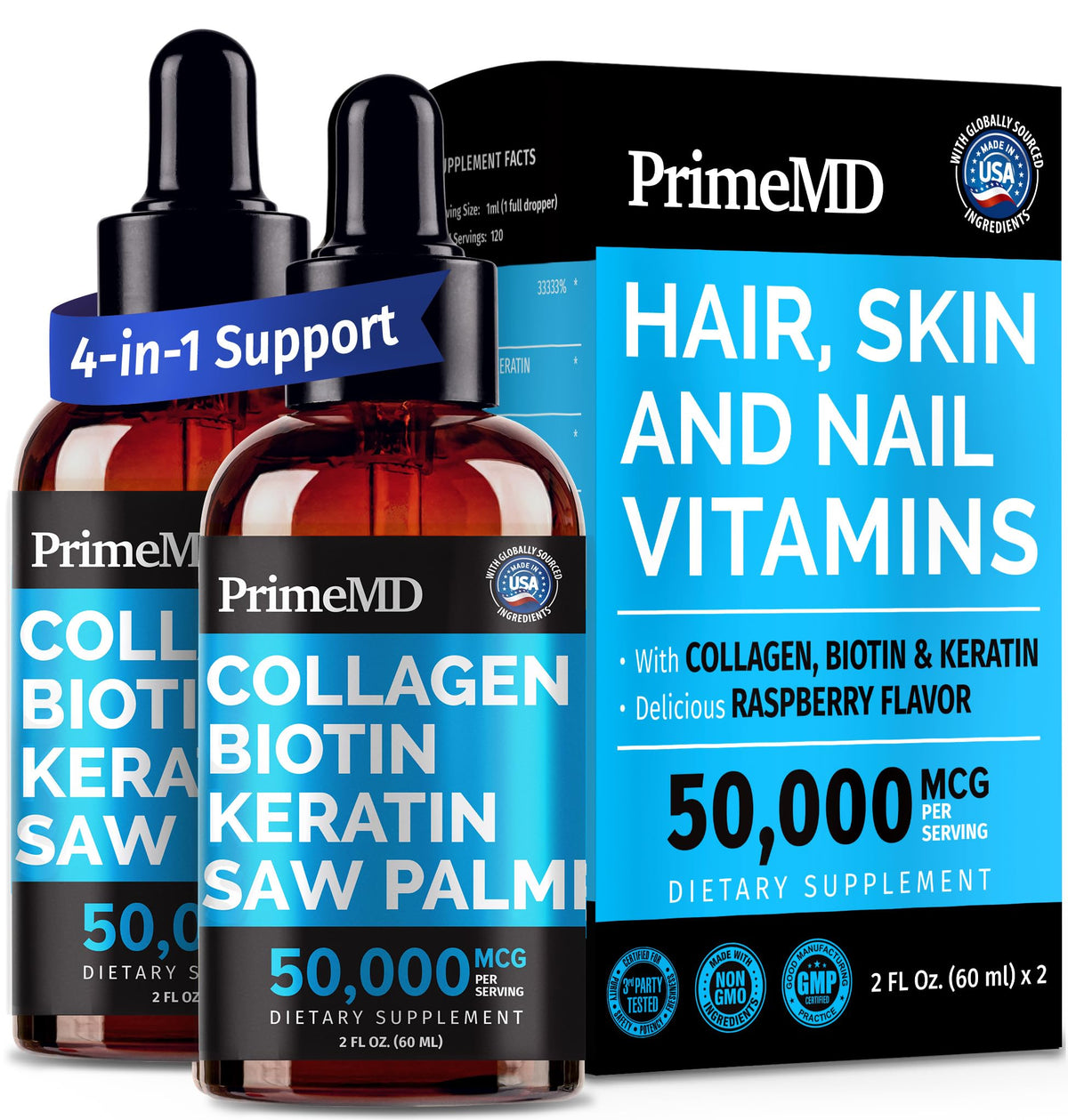 PrimeMD liquid collagen bottle promoting hair and nail vitality for daily use