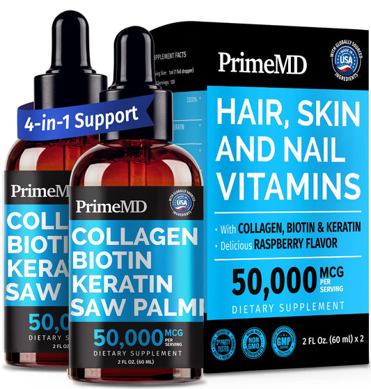PrimeMD liquid collagen bottle promoting hair and nail vitality for daily use
