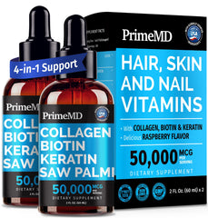 PrimeMD liquid collagen bottle promoting hair and nail vitality for daily use