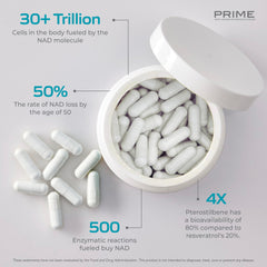 PRIME NAD+ label-front showing 30 servings and plant-based formulation.
