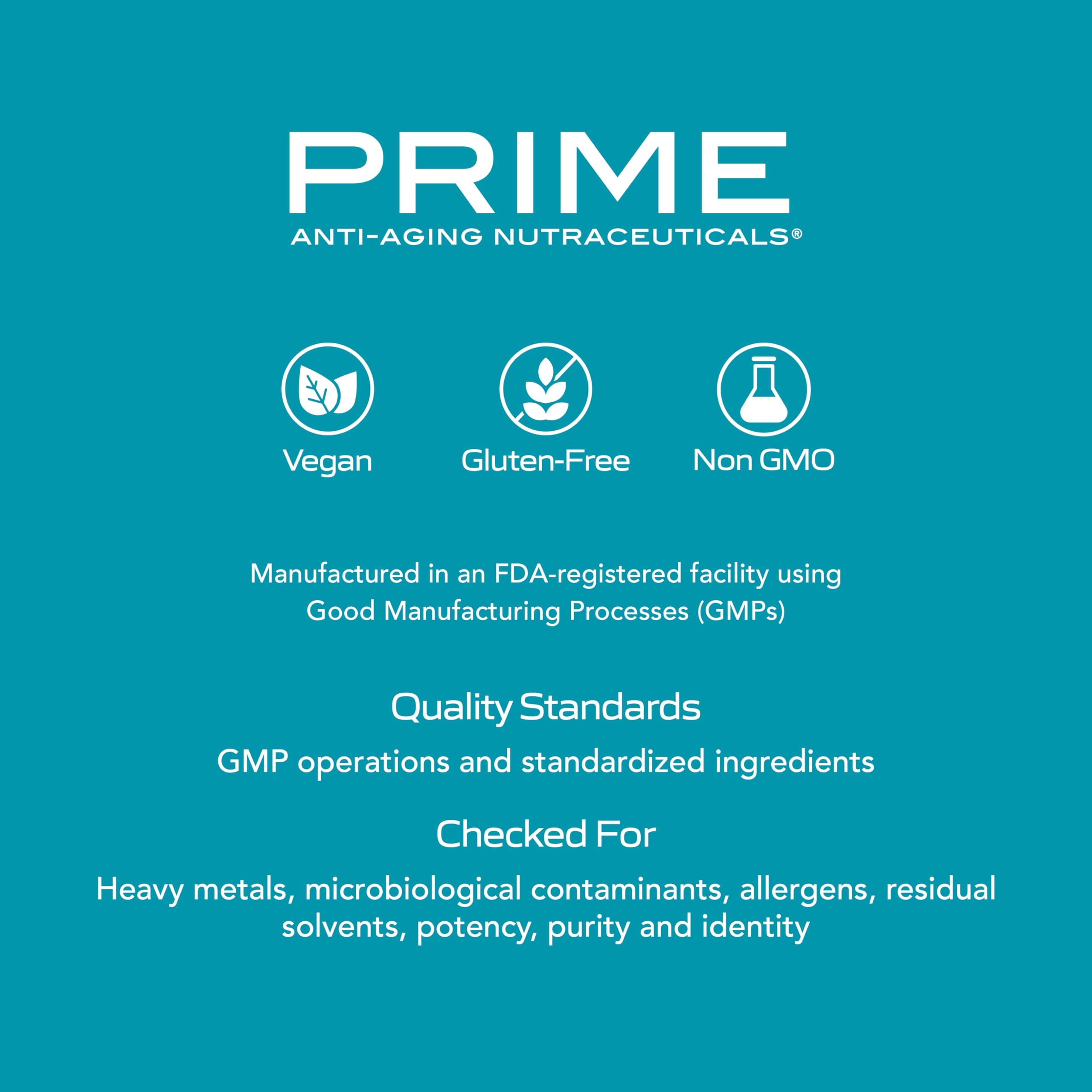 PRIME NAD+ vegan-gluten-free icons emphasizing allergen-friendly, non-GMO choice.