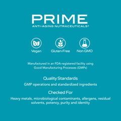 PRIME NAD+ vegan-gluten-free icons emphasizing allergen-friendly, non-GMO choice.