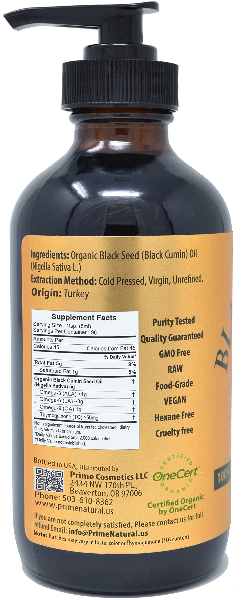 Prime Natural Black Seed Oil amber-glass bottle label highlights purity