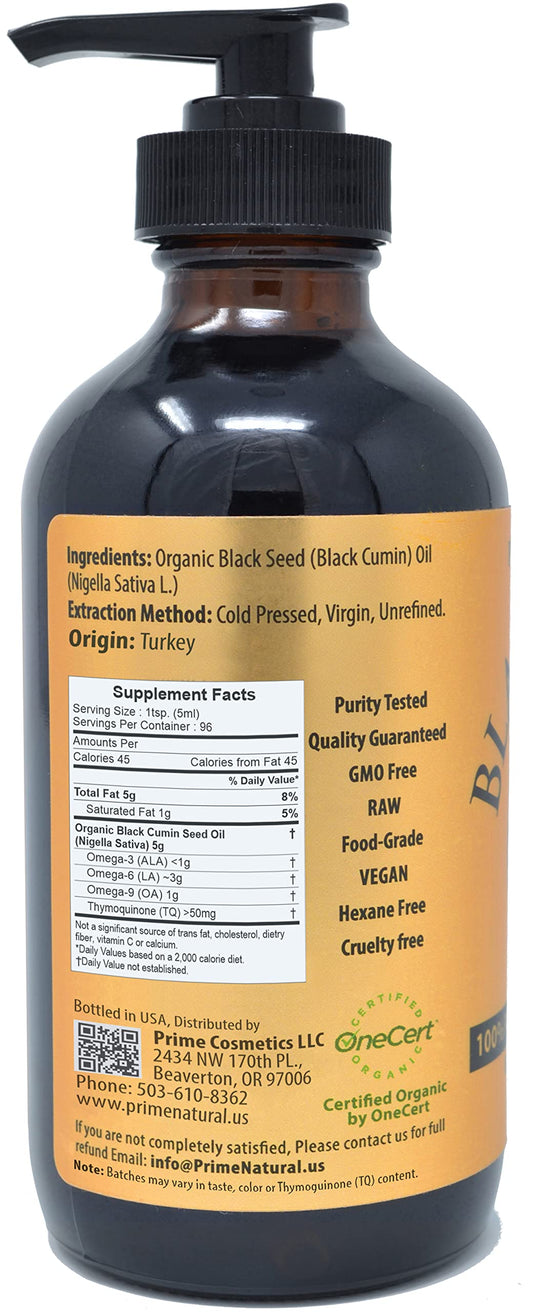 Prime Natural Black Seed Oil amber-glass bottle label highlights purity