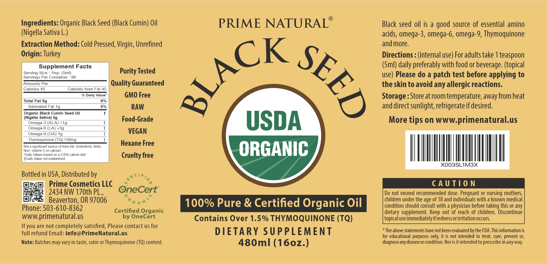 Prime Natural Black Seed Oil USDA-certified seal and Turkey origin
