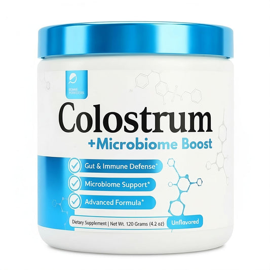 Prime Powders Colostrum bottle with scoop highlighting grass-fed purity and IgG support.