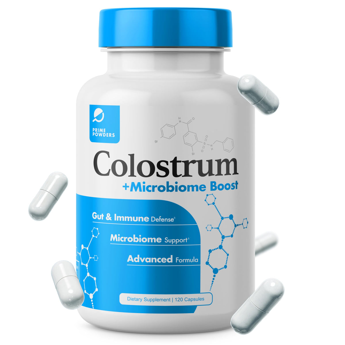 Prime Powders Colostrum capsules bottle on a clean surface for daily gut support.