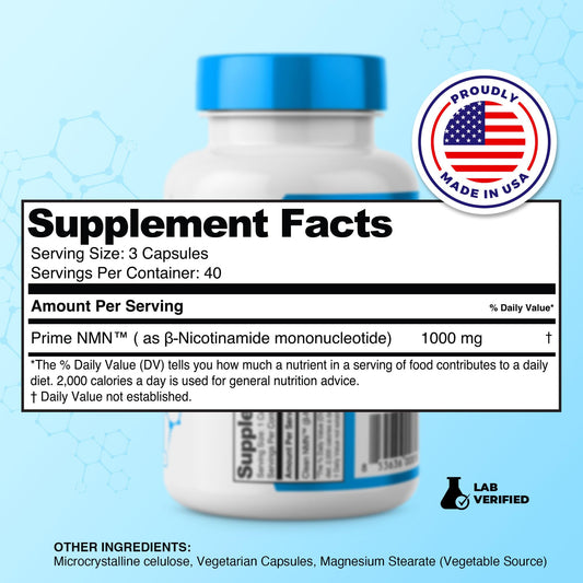Close-up of Prime Powders NMN bottle showing capsule form for easy ingestion