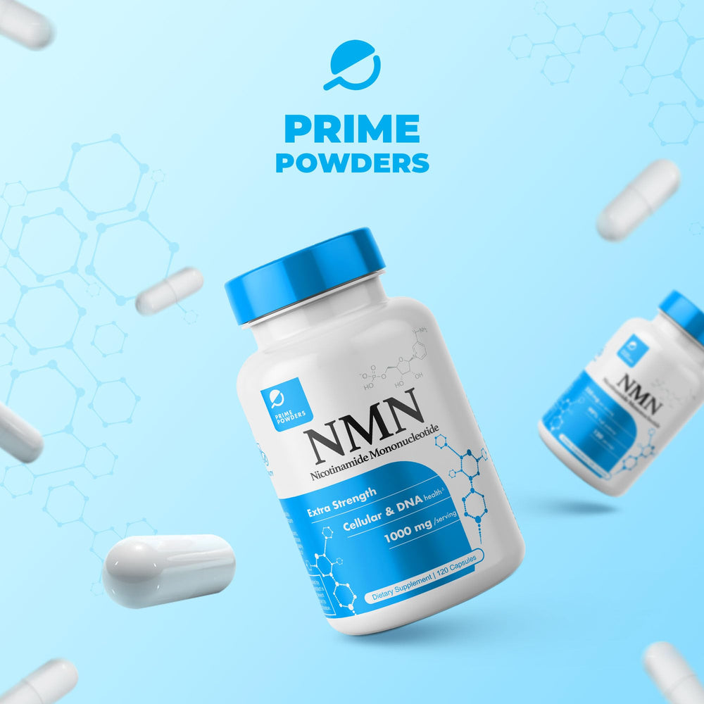 Prime Powders NMN capsules highlighting gluten-free and non-GMO formulation