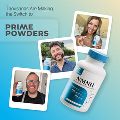 Prime Powders NMNH packaging box highlights NMNH branding and dosage.
