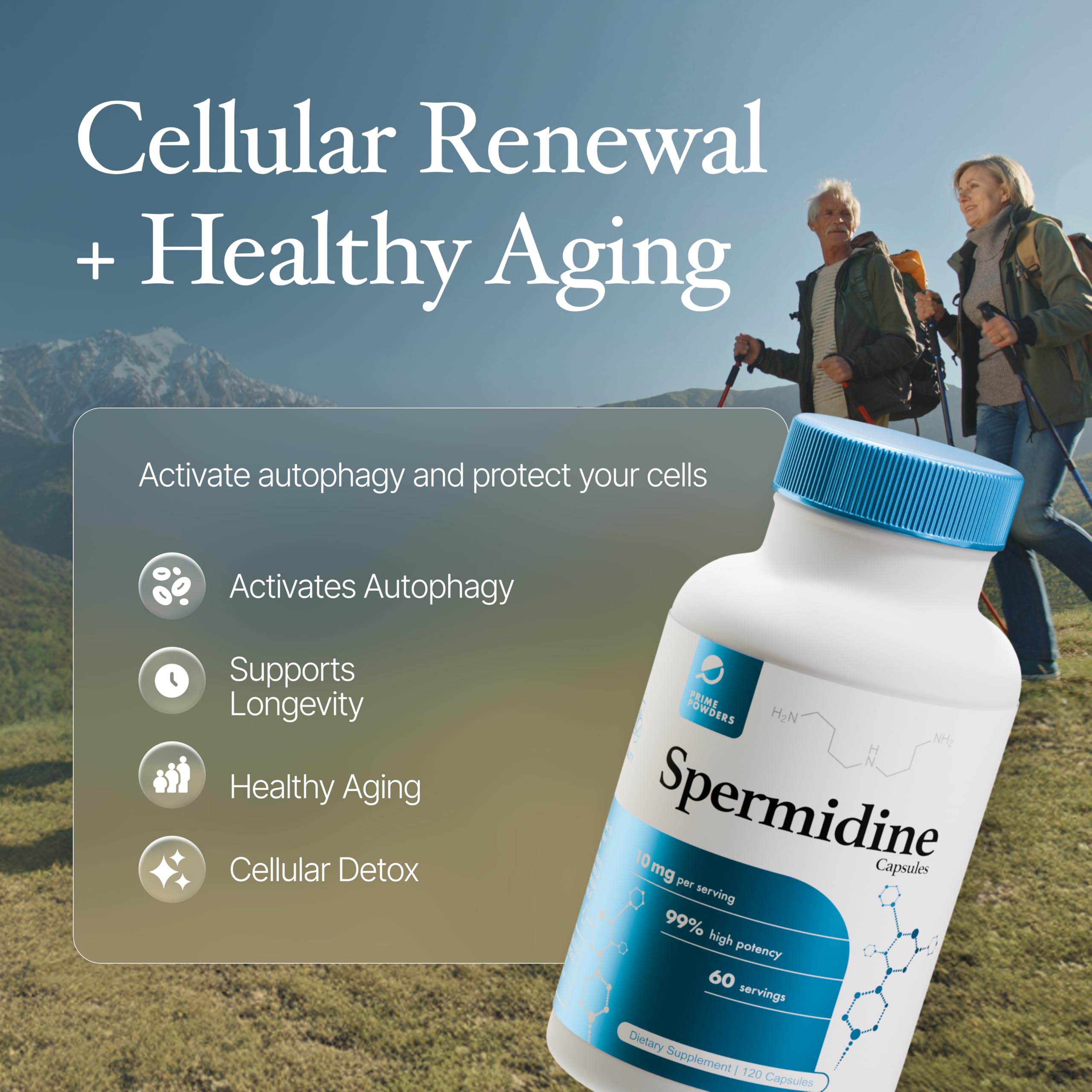 Prime Powders spermidine bottle label emphasizes 99% purity and premium sourcing.