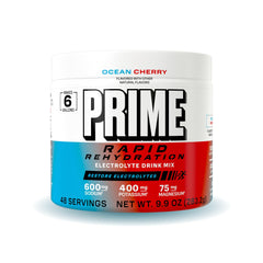Prime Rapid Rehydration Ocean Cherry tub front showing zero sugar hydration option