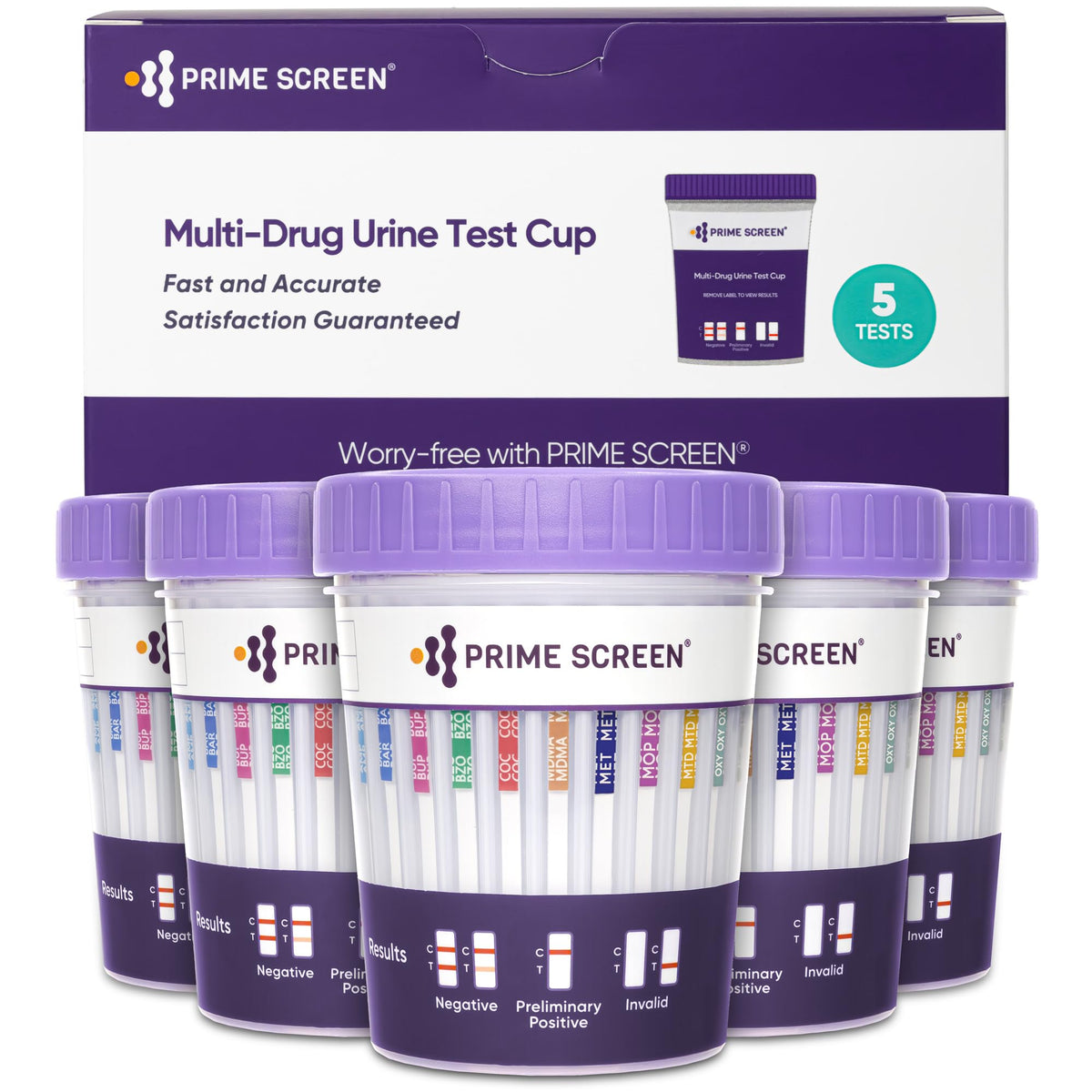 Prime Screen 18-panel urine test cup for comprehensive home screening.