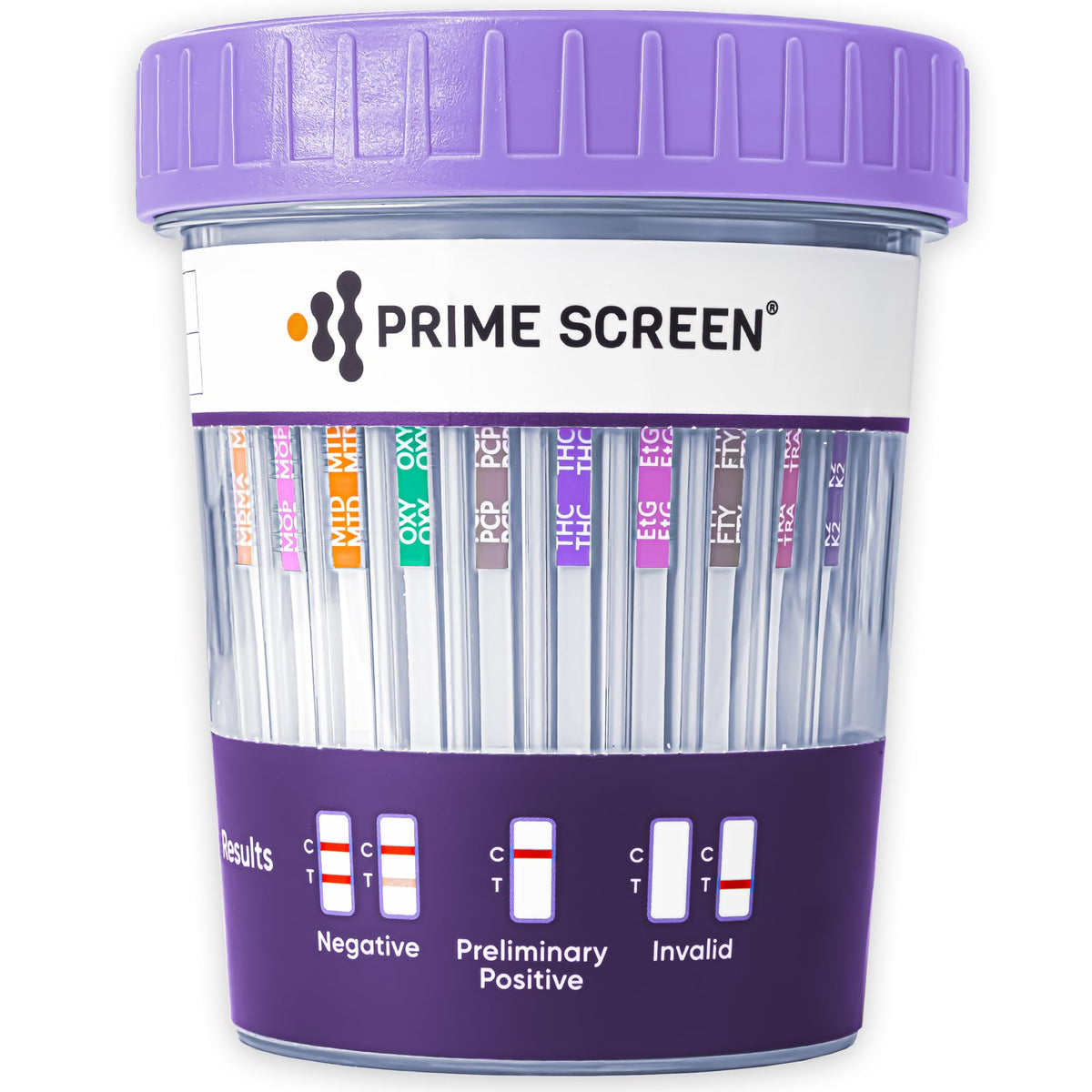 Prime Screen 16-panel drug test cup kit close-up, highlighting on-site screening capability.