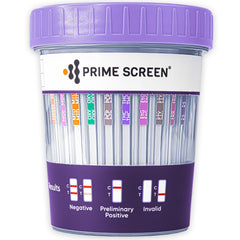 Prime Screen 16-panel drug test cup kit close-up, highlighting on-site screening capability.
