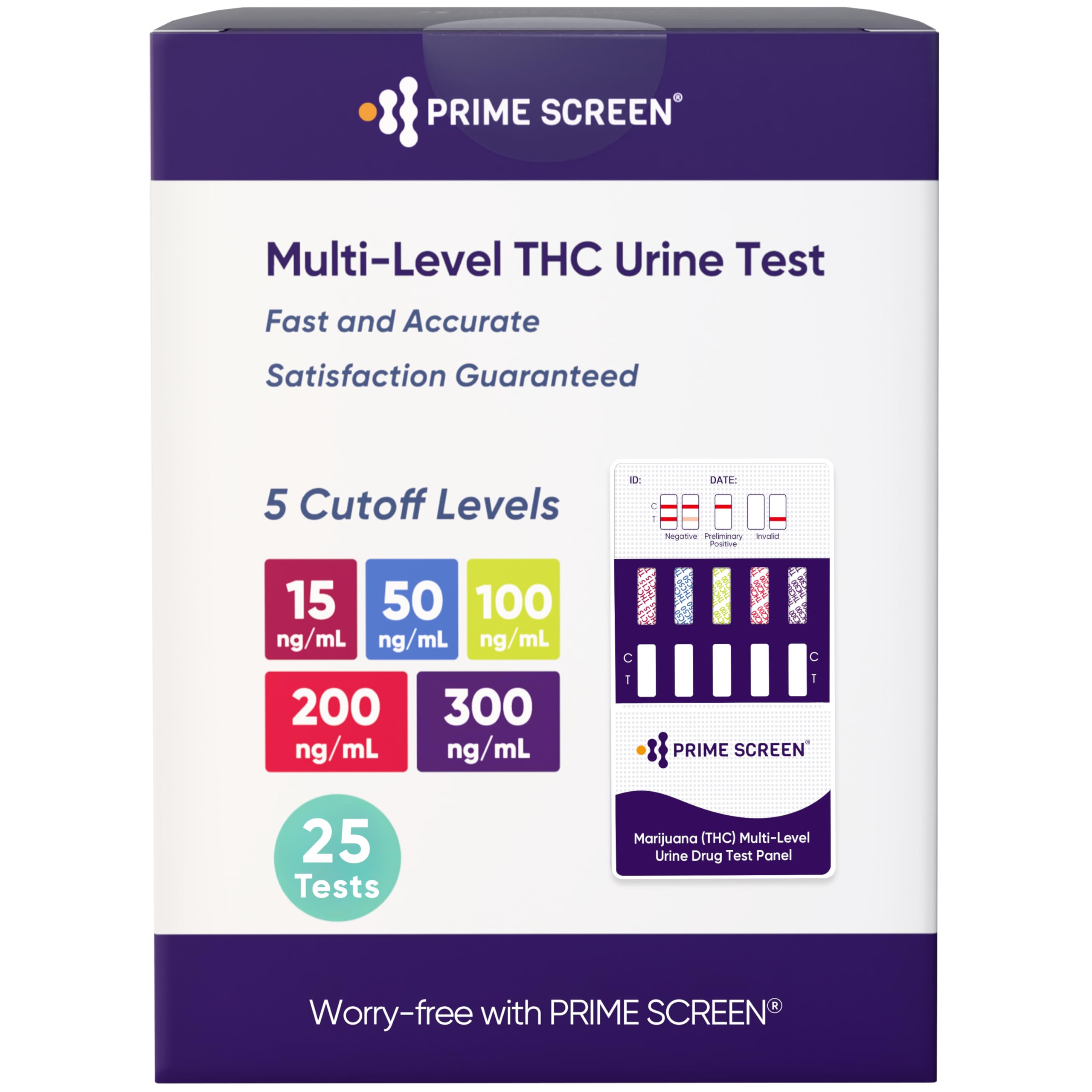 Prime Screen THC test kit box with 25 tests for convenient home screening.