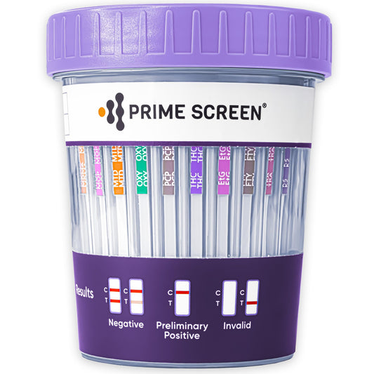 Prime Screen Urine Test Compact Cup 16-Panel Kit packaging for discreet storage.