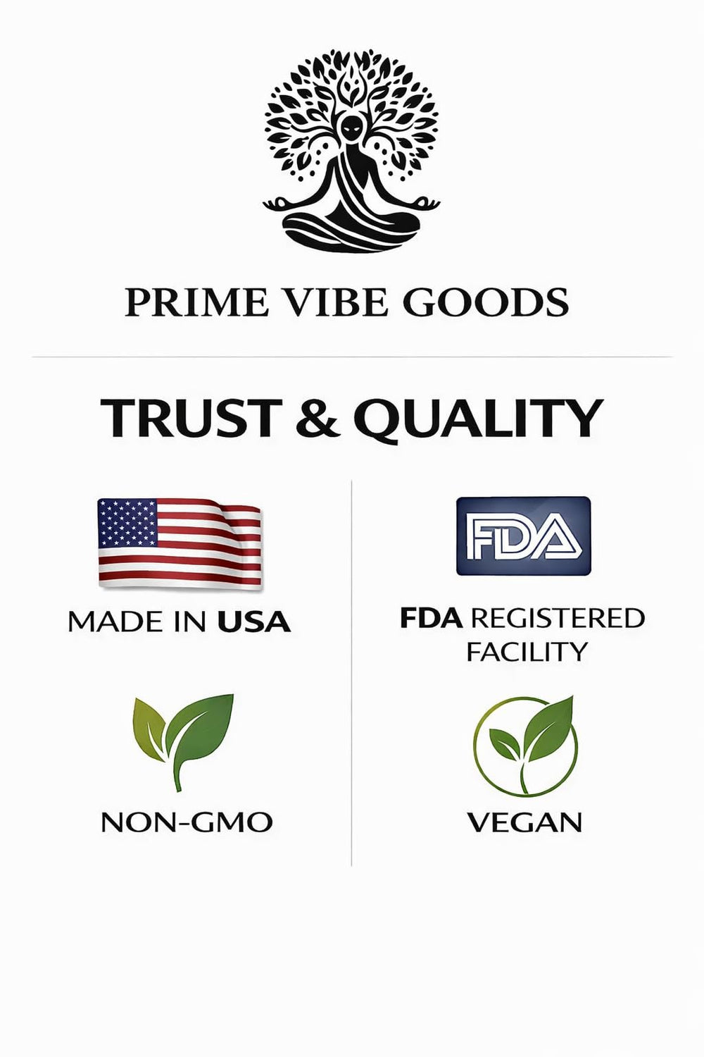 Prime Vibe Goods capsules closeup emphasizing vegan, non-GMO formulation