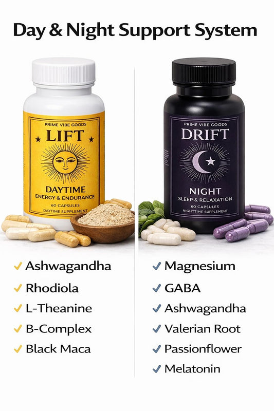 Prime Vibe Goods Drift bottle front highlighting nighttime relaxation and stress relief