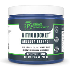 Primed Performance NitroRocket bottle close-up highlighting nitrate-rich formula for natural energy