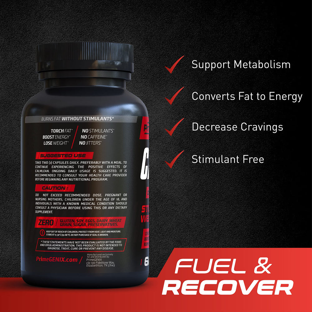 PrimeGENIX CalmLean capsules poured to highlight appetite control.