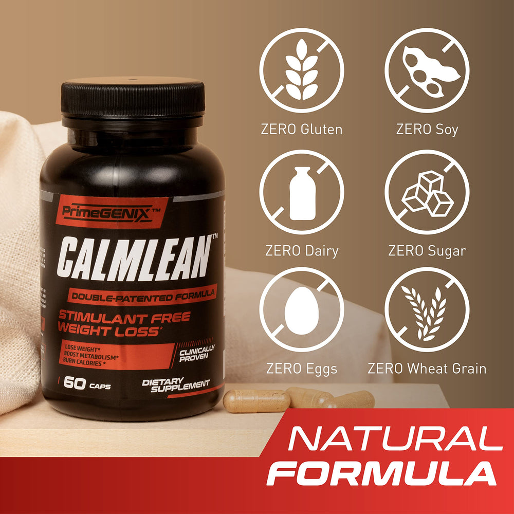 PrimeGENIX CalmLean label close-up emphasizing thermogenic blend.