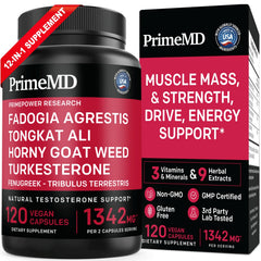 PrimeMD 12-in-1 Tongkat Ali Fadogia bottle for daily vitality and workout support.